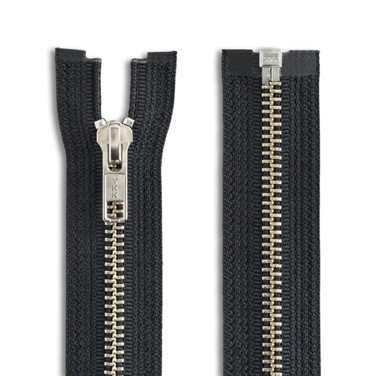 Black fabric with nickel separating, open-end zippers are ideal for jackets